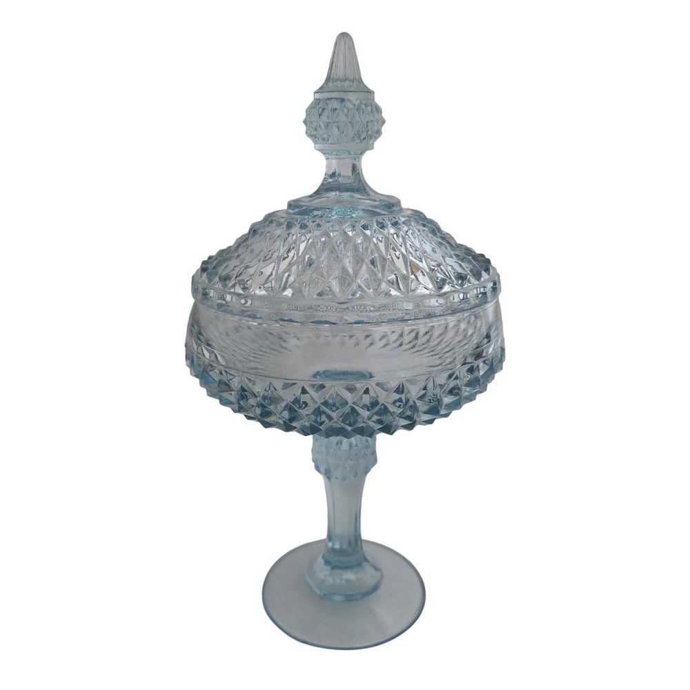 Indiana Glass Diamond Point Ice Blue Pedestal Candy Dish Compote w/ Lid 12" EUC
